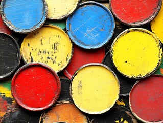 Colorful assortment of painted wooden discs arranged against a surface