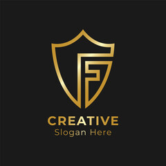 Letter f monogram golden color and shield sign combination. Shield letter F logo with glossy gold color.