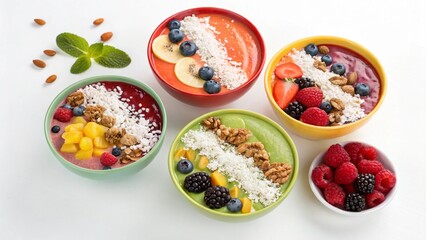 Colorful smoothie bowls with fruit toppings, highlighting the natural and healthy meal.
