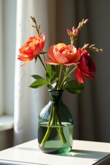 Elegant bottle vase fills the nightstand with vibrant flowers, vase, home decor
