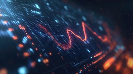 A D line graph with floating percentages, displaying real-time financial data trends on a transparent digital screen, representing technological advancements in banking.