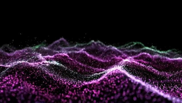 Fondo abstracto animado negro con oleadas brillantes de color p&uacute;rpura hechas de puntos y part&iacute;culas. Video 4K.