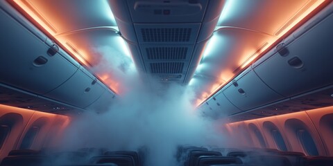 Smoke filling the cabin of a modern airplane during a safety test