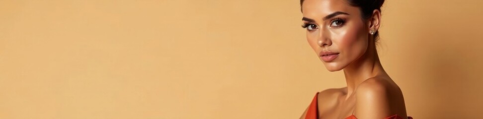 Fototapeta premium Exotic beauty with flawless makeup in elegant outfit on beige background, elegance, Asian features