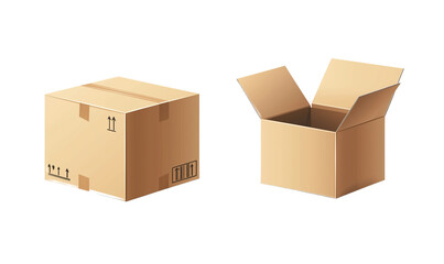 Fototapeta premium Two Cardboard Boxes One Closed and One Open for Shipping or Moving Isolated on transparent