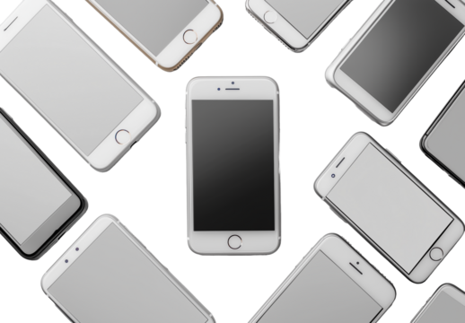 Multiple White Smartphones Scattered on Black Isolated on transparent