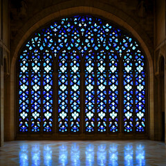 Blue stained-glass window in grand hall, light reflecting on floor, architectural detail. Use interior design, architecture