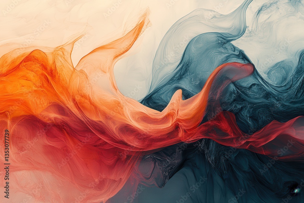 Aufkleber Abstract fluid art displaying a blend of vibrant orange and deep blue colors swirling gracefully across the canvas
