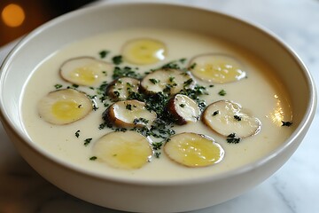 Creamy soup with mushrooms and herbs in a white bowl