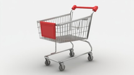 Empty Shopping Cart with Red Handle, White Background, and 3D Render.