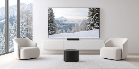 Fototapeta premium Modern soundbar on TV cabinet under plasma modern wall mounted TV. Stereo system for surround sound, home cinema system