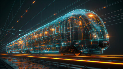 Futuristic High-Speed Holographic Train in Digital Grid