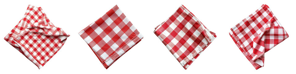 Four red and white gingham fabric napkins folded in different precise and neat styles.