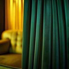 Soft curtains create an inviting atmosphere in a cozy living space with warm lighting and comfortable seating