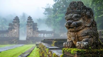 Stone lion statue at ancient temple gate in misty morning.