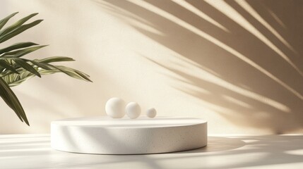 Minimalist podium display with natural light and shadows. Use for product presentation