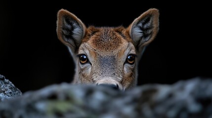Obraz premium Close-up of a deer's head peeking from behind rocks