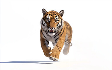 Obraz premium Grace and Strength A Tiger on the Move Isolated On White Background.