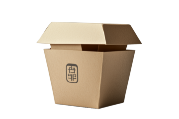 Elegant Beige Cardboard Takeout Container with Asian Characters Logo, Partially Opened for Food Service or Packaging Isolated on transparent, Mockup Isolated