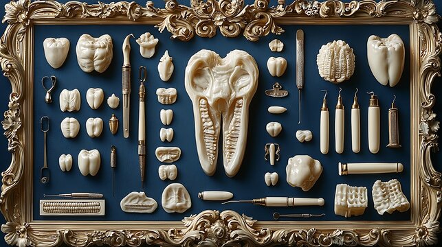 Antique dental tools and teeth arranged in ornate frame.