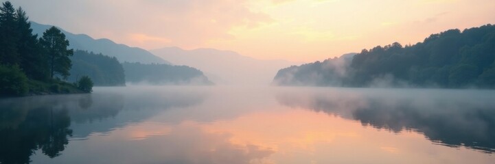 Fototapeta premium Gentle mist surrounds serene lake scene at dawn soft light blurred background, fog, lake