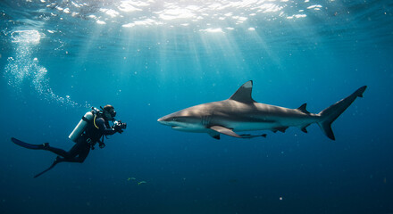 Obraz premium Immersive Underwater Encounter: Scuba Diver and Calm Shark Beneath Sunlit Depths