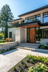 Modern facade of a luxury home with large windows and clean lines located in a peaceful neighborhood during bright daylight showcases a stylish entrance and landscaped garden