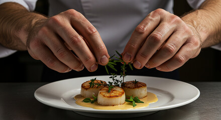 Hands Adding Herb Garnish to Cooked Dish
