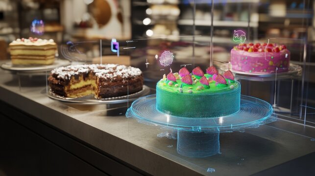 Futuristic pastry shop showcase with augmented reality cake display