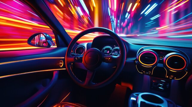 A dynamic shot of a car interior with vibrant LED lighting illuminating the speakers, highlighting the immersive audio experience during night drives.