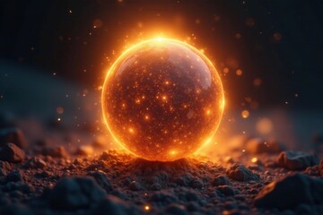 Obraz premium Golden aura surrounds a glowing orb in the dark , cosmic, ethereal
