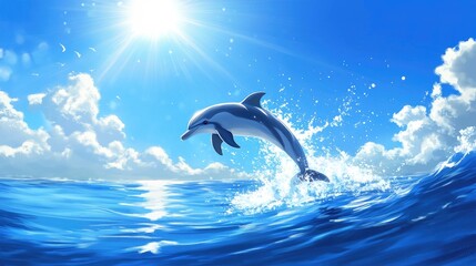 Obraz premium A playful dolphin leaping out of the clear blue ocean, creating a splash as it plays under the bright sun, capturing the joy of marine life.