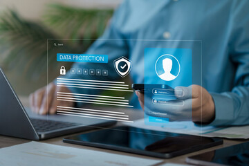 Data protection and cyber security concept. Business professional using two-factor authentication,...