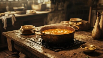 A rustic wooden table set for a meal, with a large pot of soup simmering on the stove and bowls waiting to be filled, evoking a cozy dining atmosphere.