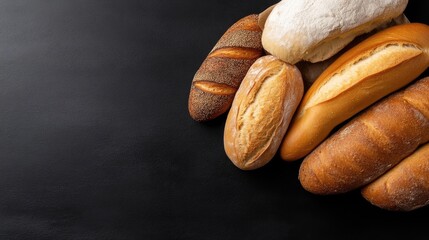 Assorted loaves of artisan bread on dark surface