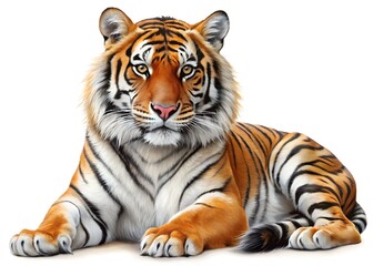 Obraz premium Majestic Tiger: A portrait of a regal tiger, its amber eyes piercing, resting calmly. The illustration showcases its powerful physique and iconic stripes.