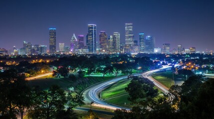 Obraz premium Houston Skyline Night Lights with Texas Urban Highway.