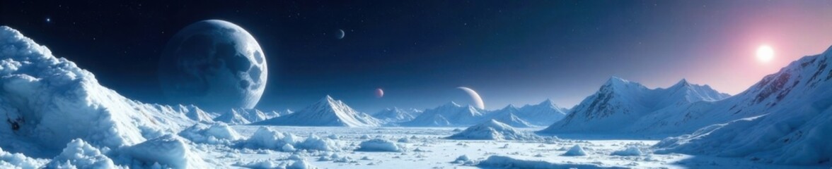 Icy moon orbiting distant icy planet with a binary star system in the background , Space, Icy moons