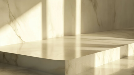 A close-up of a marble ledge with a polished surface, reflecting soft afternoon sunlight. The neutral-toned background enhances the elegance of the scene, while the delicate play of light and shadow