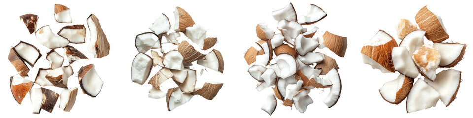 Fototapeta premium Four piles of coconut pieces chunks and shavings reveal white flesh and brown shell texture.