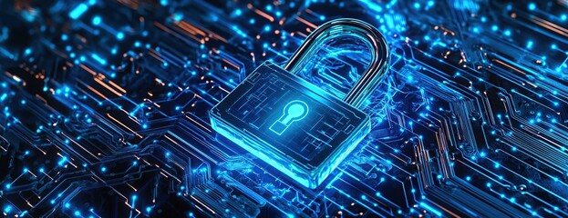 Glowing Blue Padlock on a Circuit Board Background