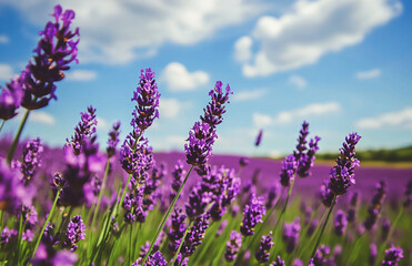 Obraz premium A field of lavender flowers under a blue sky with scattered clouds on a sunny day in the countryside
