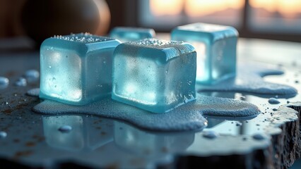 Transparent ice cubes melting on snow-covered ceramic jar in winter outdoor setting	
