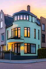 Obraz premium In a peaceful neighborhood, a charming green house stands out with its unique rounded design and softly glowing windows, especially stunning at sunset