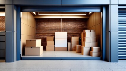 Open self storage unit full of cardboard boxes. 3d rendering