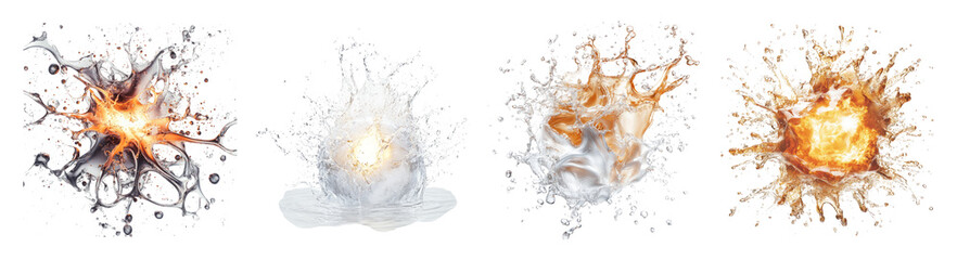 High-Impact Explosion Effects with Splashes and Fire Elements, PNG bundle collection, Isolated on Transparent Background