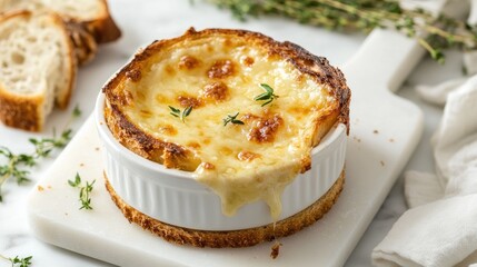 A toasted bread with melted cheese bubbling on top, placed on a white cutting board, surrounded by fresh herbs, creating a mouthwatering composition.