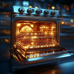 Obraz premium Open oven glowing with warm light in modern kitchen interior