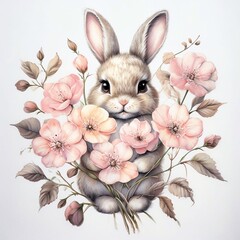 Easter bunny icon with spring pink flowers 
