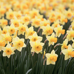 Obraz premium Yellow and orange daffodils blooming in a field, springtime, nature background, ideal for cards or websites